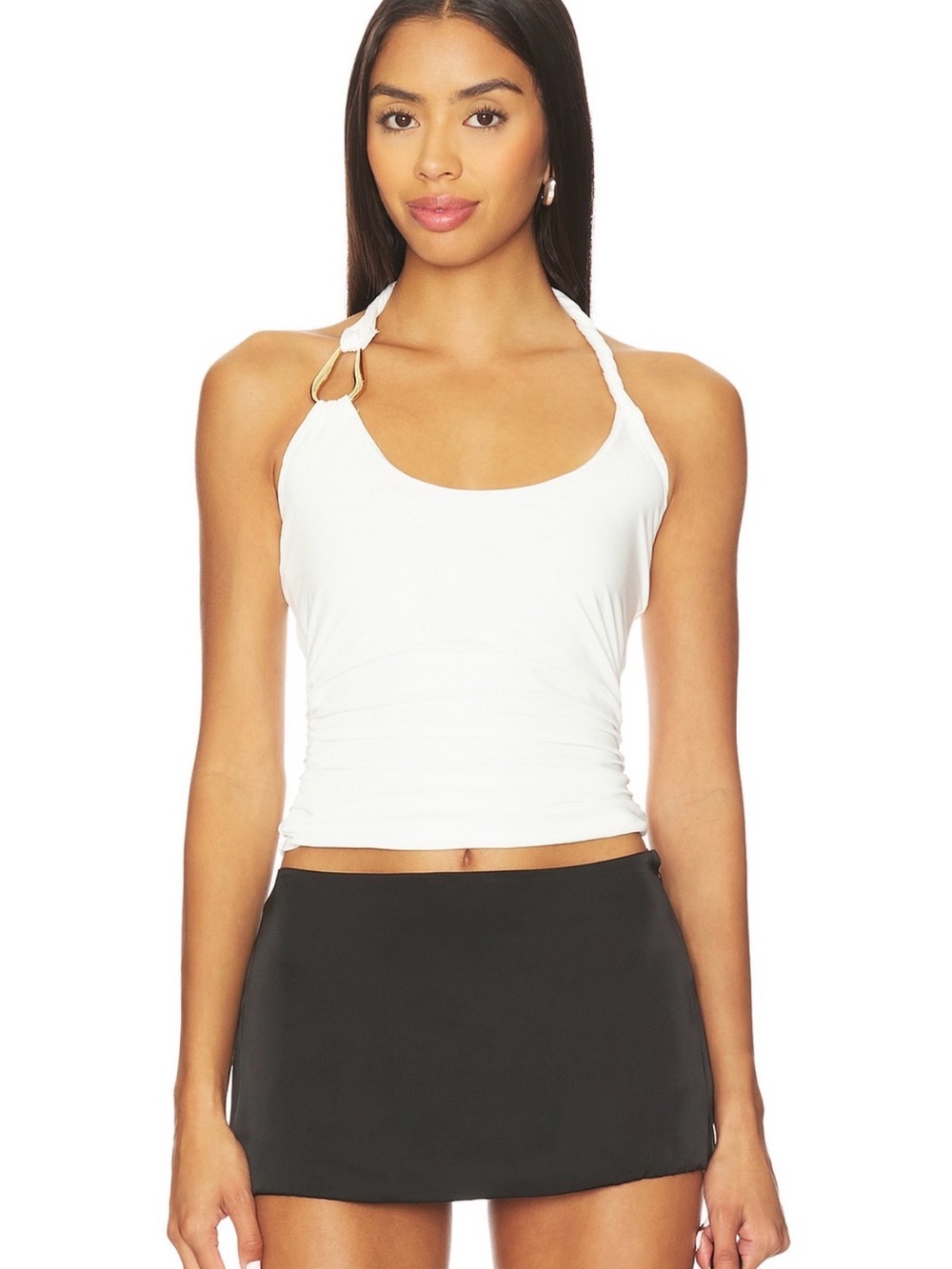 SNDYS Women’s White Halter Tank with Gold Ring Accent